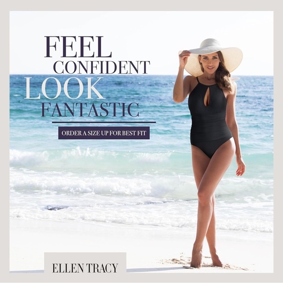 Ellen Tracy High Neck Key Hole One Piece black swimsuit medium 8 slimming sexy - Picture 3 of 11